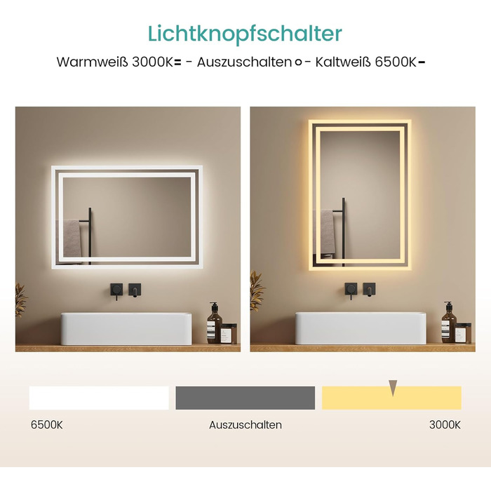 Дзеркало для ванної кімнати EMKE з підсвічуванням 40x60 см LED, антизапарник, холодний/теплий білий, з кнопкою, алюмінієва рама, IP44, енергозберігаюче