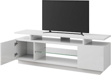 Тумба під TV Luxoak з LED підсвічуванням, білий глянцевий лак, 160x38.5x54.5 см. Підходить для телевізорів до 75 дюймів, з 2 дверцятами та регульованою скляною полицею. Для вітальні та спальні.