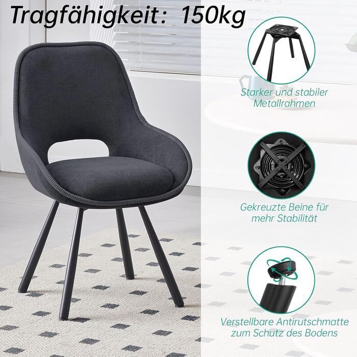 Набір з 6 обертових кухонних стільців, чорного кольору, з низькими підлокітниками, 180° оберт, автоматичне вирівнювання