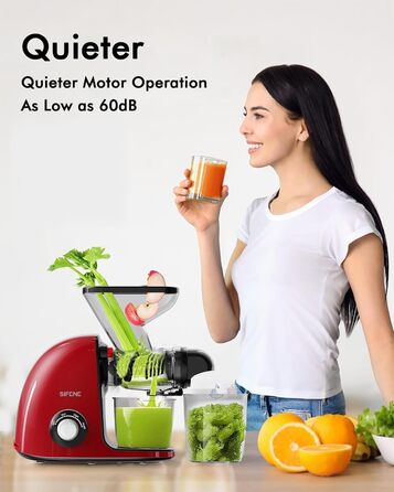 Соковижималка SiFENE Slow Juicer - подвійний калібр, без засмічення, функція реверсу антиблокування, дрібне подрібнення без фільтра, електрична соковижималка, зі щіткою та 2 чашками (червона)