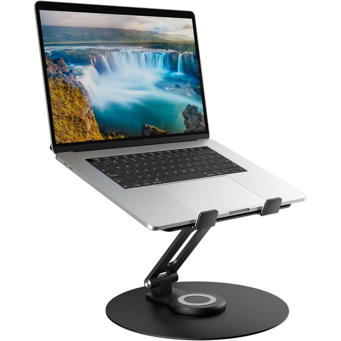 Підставка для ноутбука з поворотним основанням на 360°, регульована по висоті, ергономічна, з вентиляцією, складана, стабільна, з алюмінію для столу (чорна)
