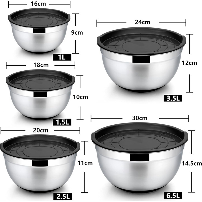 Набір мисок Homikit, 5 шт. з нержавіючої сталі, з кришкою та силіконовим дном, мультифункціональний, для салатів, 6.6L / 3.5L / 2.5L / 1.5L / 1L, чорний