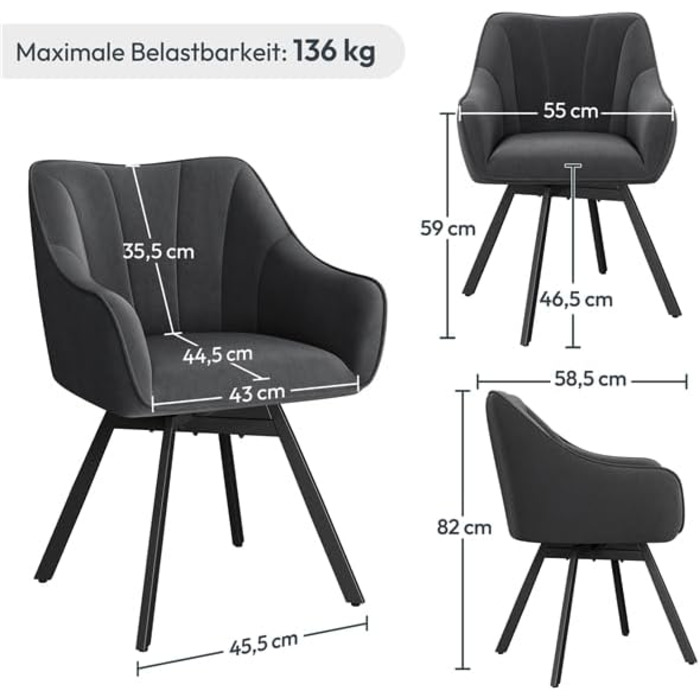 Крісло Yaheetech для кухні/їдальні/вітальні, обертається на 360°, з підлокітниками та металевими ніжками, темно-сірий, комплект з 4 шт.