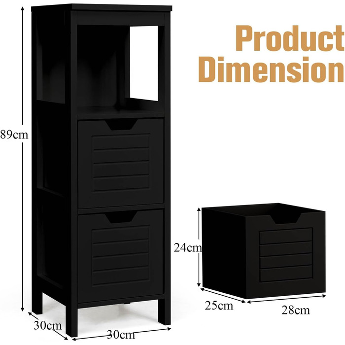 Тумба для ванної кімнати, вузька, з 2 ящиками, дерево, 30x30x89 см, чорна