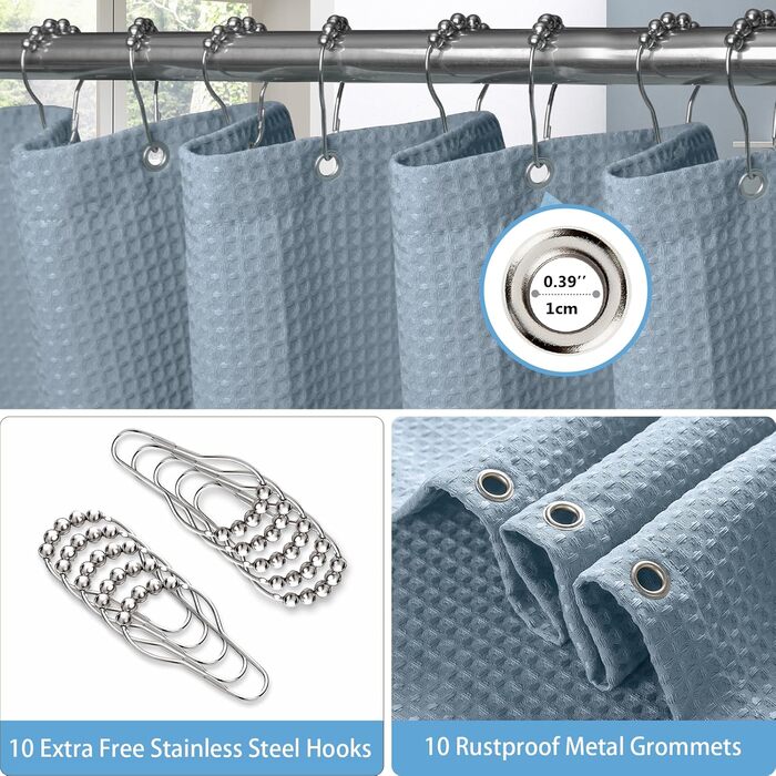 Штора для душу з льону з металевими кільцями, сіра, 182x214 см (Waffel - Mondlichtblau, H214 x B152 см)