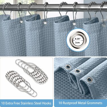 Штора для душу з льону з металевими кільцями, сіра, 182x214 см (Waffel - Mondlichtblau, H214 x B152 см)