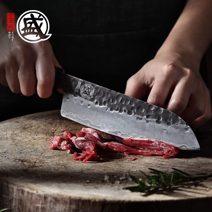 Японський ніж Mitsumoto Sakari Santoku 19 см з високоякісної сталі, ручка з рожевого дерева, подарункова коробка