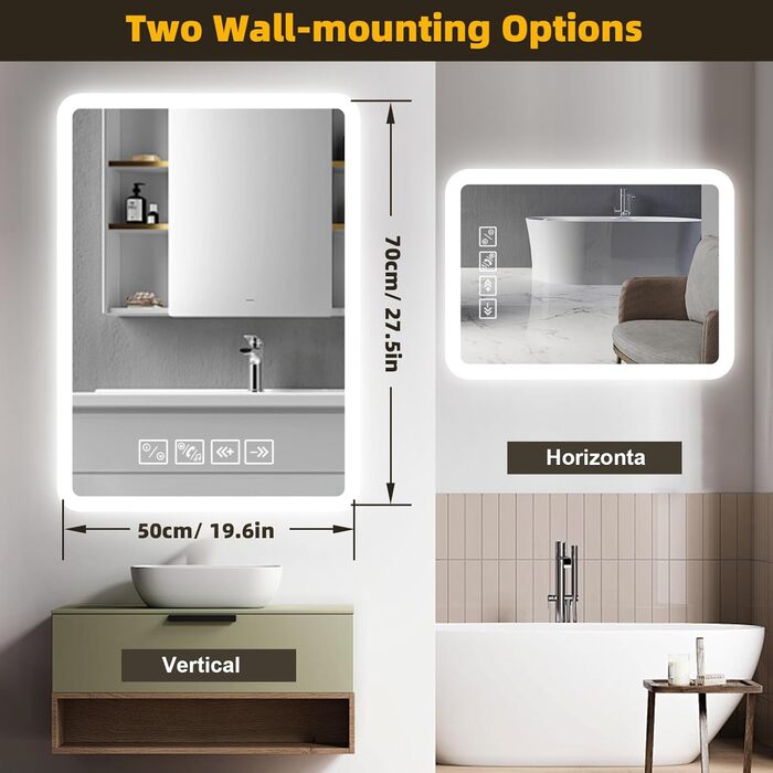 Дзеркало для ванної кімнати з підсвіткою 50x70 см з Bluetooth, годинником, функцією проти запотівання та сенсорним вимикачем