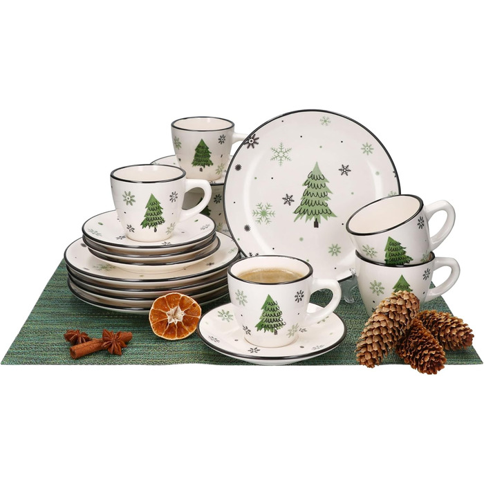 Кавовий сервіз MamboCat на 6 осіб з різдвяним декором (18 предметів) | Керамічний сервіз з прикрасами ялинки та сніжинок