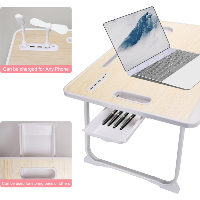 Складаний столик для ноутбука з USB-портом, ручкою, відділенням для карток, тримачем для напоїв та ящиком. Білий клен.