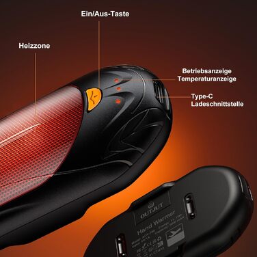 Електричні грілки для рук OUTJUT 6000mAh, 2 шт., USB, 3 режими нагріву, для спорту, кемпінгу, чорні