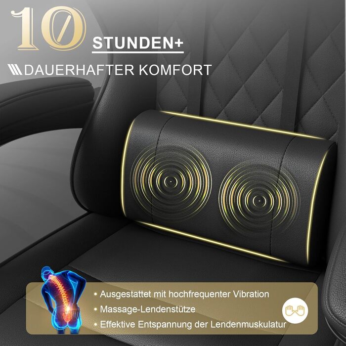 Ігровий стілець, офісний стілець з підставкою для ніг, ергономічний стілець, регульована спинка 90-135°, вантажопідйомність 150 кг, чорний