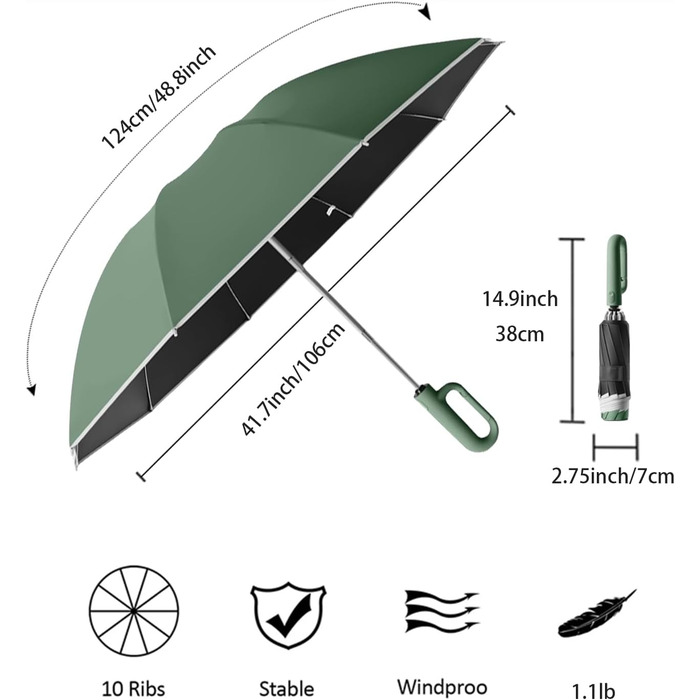 Парасолька для гольфу перевернута зворотна 10 ребер, автомат, ручка карабіна, захист від ультрафіолету, відбивачі, 124 см