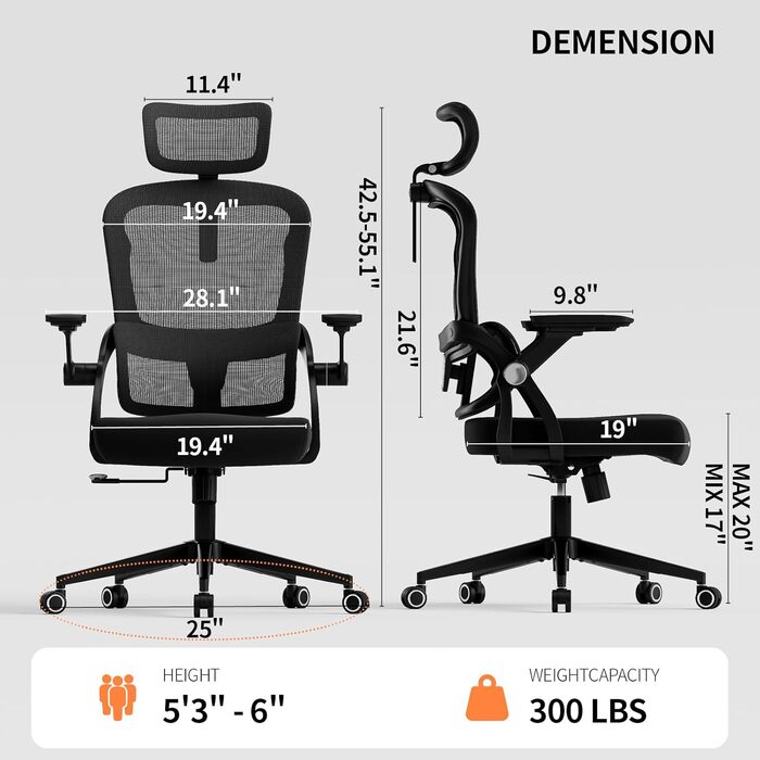 Офісний стіл-крісло Monhey з регулюванням висоти, поворотне з відкидними підлокітниками, дихаюча сітка, регульована підголовник та інтелектуальна підтримка попереку – для дому/офісу, чорний