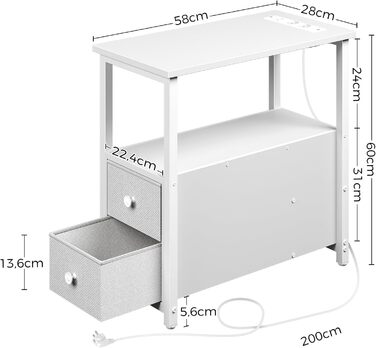 Журнальний столик Rolanstar з подовжувачем, 2 ящики, дерево, 58x28x60 см, білий