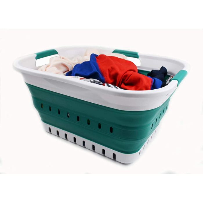 Складна Пластикова корзина для білизни SAMMART 30L з 3 ручками-складаний спливаючий контейнер для зберігання / Органайзер-портативний піддон для прання-компактна кошик / кошик (білий / темно-зелений)