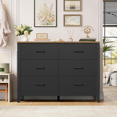 Комод HOCSOK з 6 висувними ящиками, чорний комод з дерев'яною полицею, шафа для зберігання в вітальню, спальню, кімнату для підлітків та коридор, 100x40x81 см