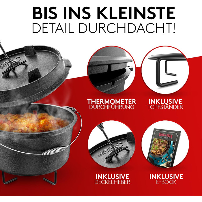 Набір чавунного казана BBQ Dutch Oven [Das Original] 10,8 л з підставкою, кришкою-грилем 2,2 л, піднімачем та електронною книгою