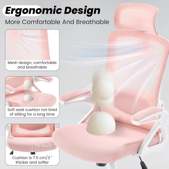 Ергономічне крісло для офісу Fizzin, комп'ютерне крісло з регульованою поперековою підтримкою, дихаюча сітчаста спинка, посилене сидіння, зручне крісло для дому та офісу (рожеве)