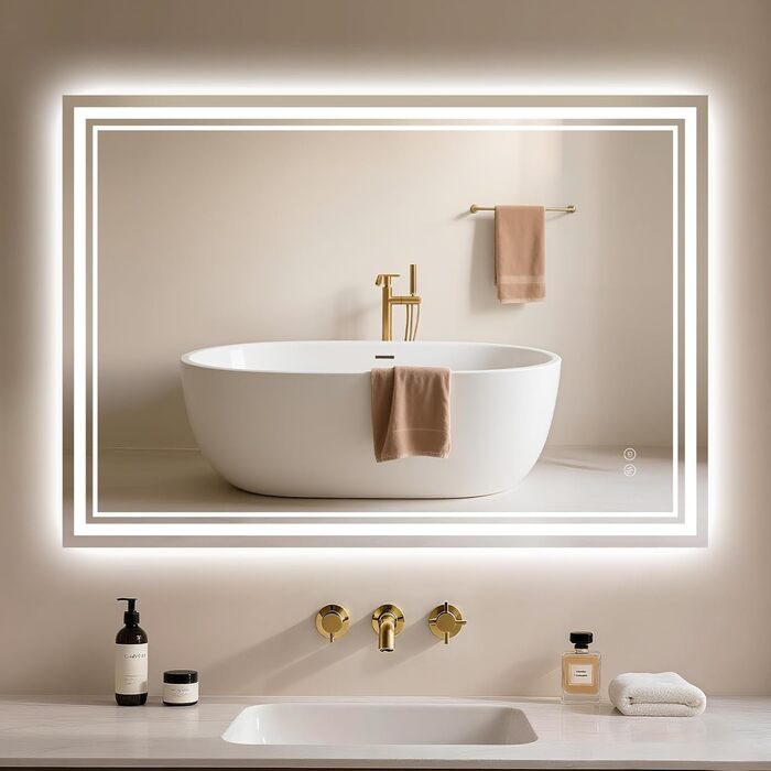 Дзеркало для ванної кімнати Badspiegel з підсвічуванням LED 50x70 см, антизапар, сенсорне управління, регулювання яскравості, 3 кольори світла, настінне, горизонтальне/вертикальне