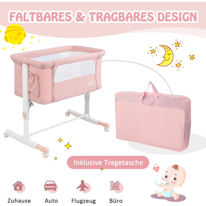 Дитяче ліжко-гойдалка Dreamade 2 в 1 з регулюванням висоти, 86 x 63 см, рожеве, від народження до 9 кг, з матрацом та колесами