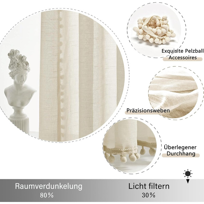 Штори в стилі бохо з помпонами, 2 шт. и, 140x225 см, Бежевий, Прозорий, Люверси, Пензлика