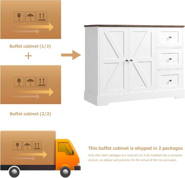 HOCSOK Комод-буфет з 3 шухлядами та 2 дверцятами, білий та коричневий, для кухні, вітальні, їдальні