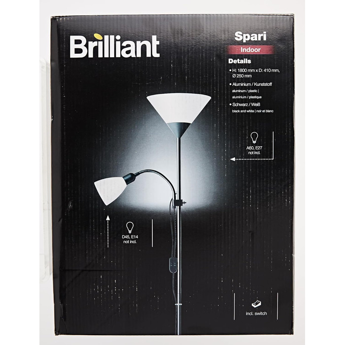 Стельовий омийник Brilliant Spari 1,8 м, чорний/білий, підходить для LED, лампа для читання з вимикачем шнура