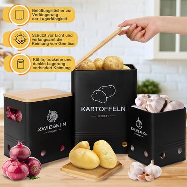 Набір контейнерів для зберігання картоплі, цибулі та часнику (3 шт) з бамбуковими кришками - Моз (Moz) - Чорний