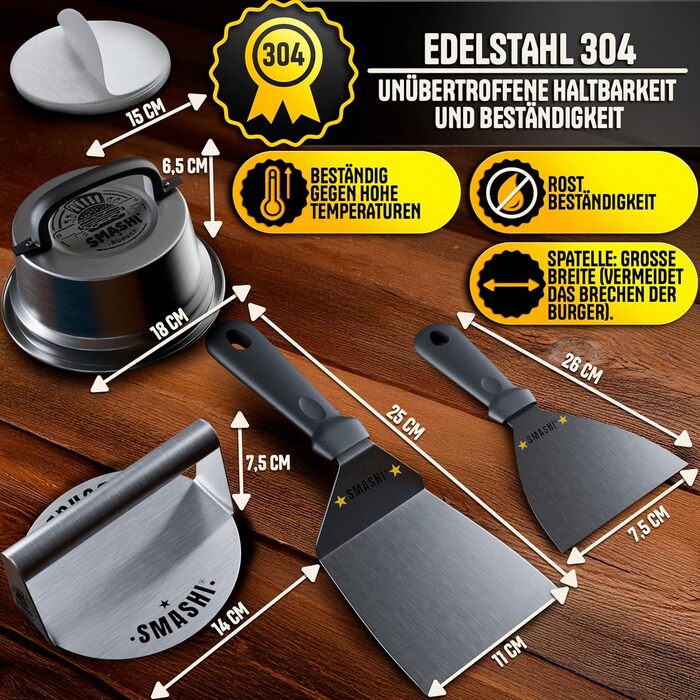 Набір для приготування бургерів SMASHI® з пресом та дзвоном – нержавіюча сталь 304, лопатка, 50 паперів для гриля, рецепти – оригінальний професійний набір