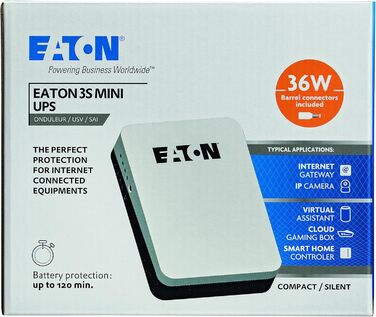 Джерело безперебійного живлення Eaton 3S Mini UPS 36 Вт 9/12/15/19 В постійного струму - ідеально підходить для захисту інтернет-маршрутизаторів (наприклад, FRITZ Box), IP-камери, домашні помічники та контролери розумного дому - White & Black Mini UPS