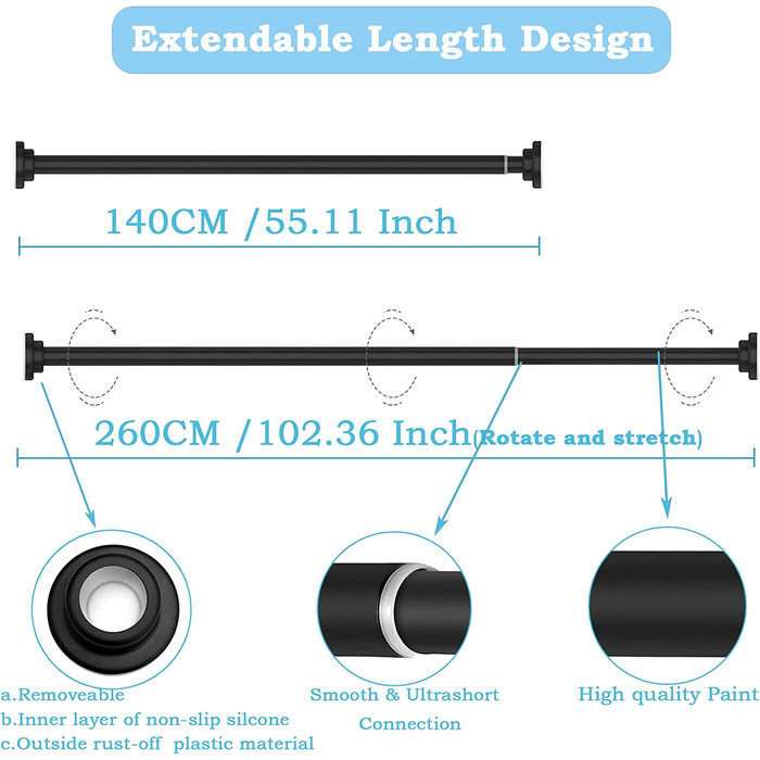 Стрижень для душу з нержавіючої сталі, , без свердління, для завіси для душу, висувний стрижень, для душу, ванни, вікна ванної кімнати, 70-120 см, новий дизайн (чисто чорний, 140-260 см (, 22 мм)