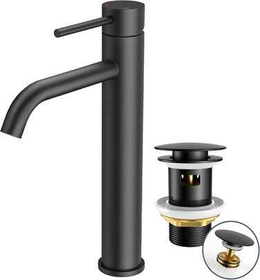 Змішувач для ванної кімнати FORIOUS з набором для зливу, чорний матовий, висота виливу 190 мм, однорідний змішувач для раковини