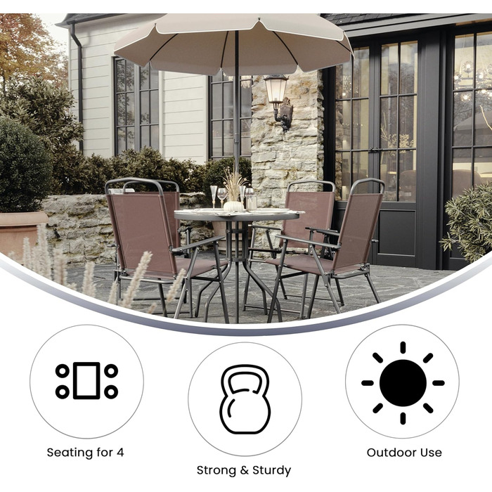 Садовий набір меблів Flash Furniture Nantucket 6 предметів коричневий з столом, парасолькою та 4 складними стільцями сірого кольору