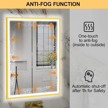 Круглий LED дзеркало для ванної кімнати Furduzz з підсвічуванням, 700 мм, настінний, сенсорний вимикач, регулювання яскравості, 3 кольори, проти запотівання, інтелектуальна пам'ять (модель 2, золота рамка, 70 x 50 см)