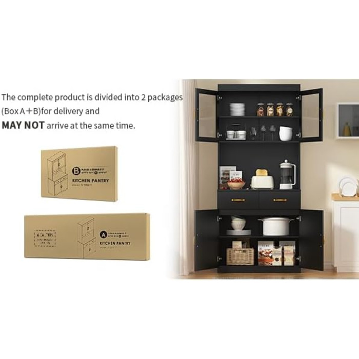 Кухонна шафа VOWNER з робочою поверхнею, буфет на кухню з 4 шафами, вітрина, буфет з регульованими полицями, 80 x 40 x 180 см, для кухні, вітальні, офісу, їдальні (білий) (чорний)