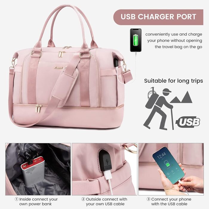 Спортивна сумка LOVEVOOK для подорожей, жіноча, 37L, рожева: Weekender, культ. сумка, відділення для взуття та мокрих речей