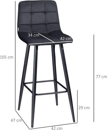 Набір з 2 барних стільців, оксамит, сталеві ніжки, 42x47x105 см, чорний