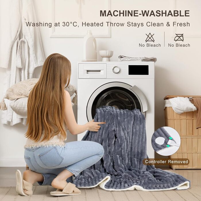 Електрична ковдра Nalone з автовимкненням 160*130 см, 9 температурних режимів, таймер 12 годин, захист від перегріву, пральна машина, фланель, сірий колір