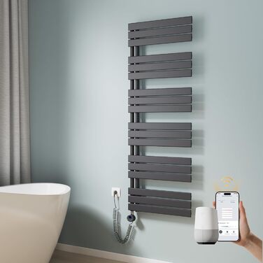 Електричний рушникосушар EMKE з термостатом, 600W, 1599x600 мм, антрацит, Wi-Fi модель