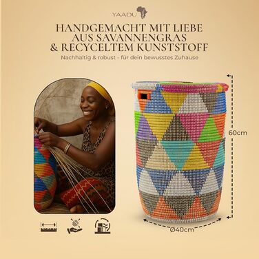 Кошик для білизни YAADU з кришкою XXL – великий контейнер для білизни, африканський кошик з трикутниками