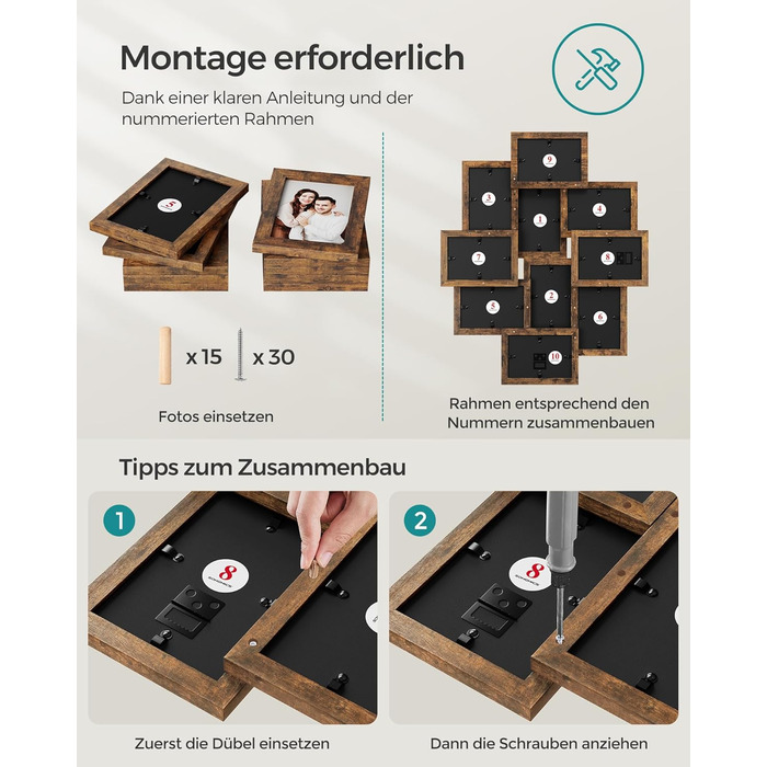 Фоторамка SONGMICS на 10 фото 10x15 см, дерев'яна (MDF), вінтажний коричневий RPF20WT