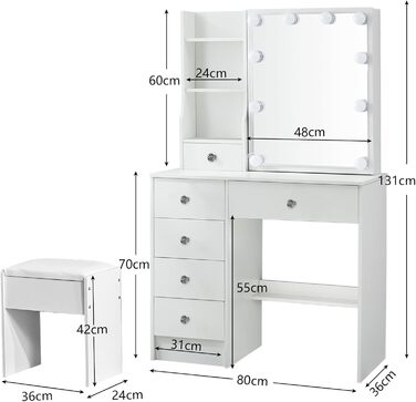 Туалетний столик зі світлом та дзеркалом, з пуфом, 6 шухляд та 6 полиць, 80x36x130 см, PE39