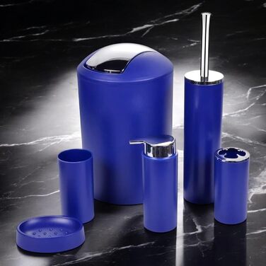 Набір аксесуарів для ванної кімнати 6tlg Badset: мильниця, стакан для зубних щіток, відро для косметики, щітка для унітазу з тримачем, мильниця, сміттєвий бак, тримач для зубних щіток, повна ванна кімнатна комплектація (темно-синій дизайн 2a)