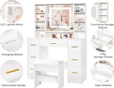 Великий туалетний столик ANWBROAD з регульованою LED-підсвіткою (3 кольори), розетками, дзеркалом та пуфом. 7 висувних ящиків, 4 полиці. Колір: білий. Розміри: 140x100x40 см.