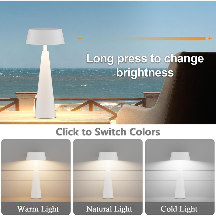 2 шт. Білі бездротові настільні лампи з акумулятором, регульоване освітлення 3000K-6000K, IP54, USB-C, для дому та вулиці, балкону, обіднього столу, білі