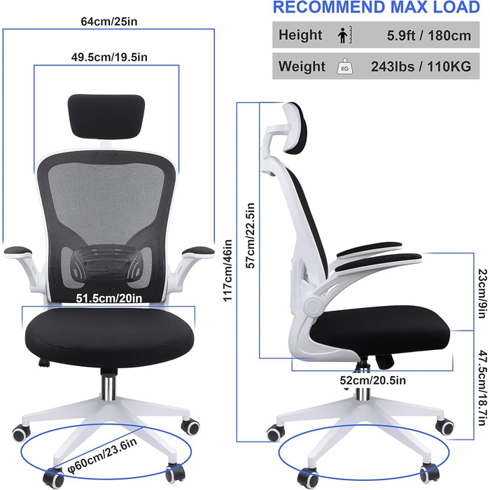 Ергономічне крісло для офісу та дому: комп'ютерне крісло з регульованою підголівником та поперековою підтримкою, до 150 кг, білий колір, Basic