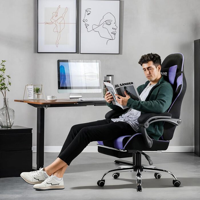 Ігровий крісло GTPLAYER з масажем, ергономічний, з підніжкою та підголівником, білий (фіолетовий, тканина)