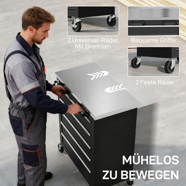 Шафа для інструментів з 5 висувними ящиками, колісна інструментарна скринька, інструментальний візок зі сталі, сріблясто-чорний