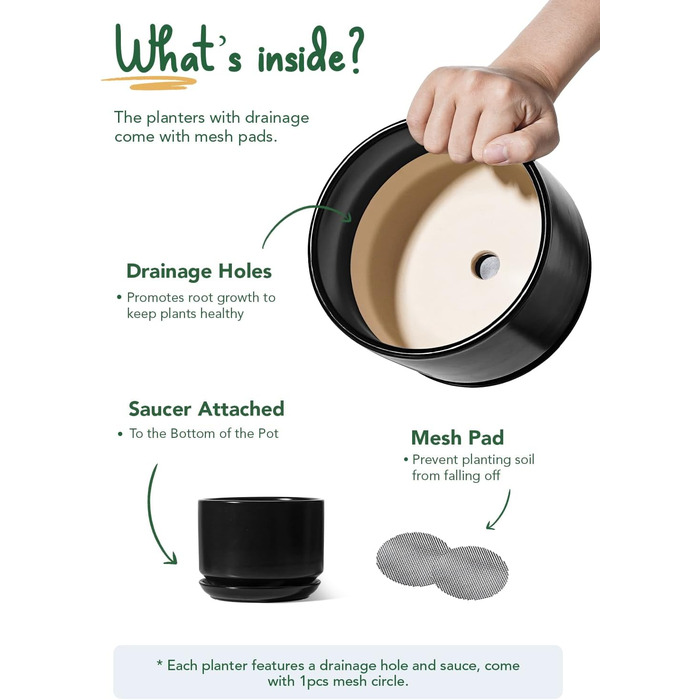 Набір горщиків для квітів LE TAUCI 3шт, кераміка, 11/13/17 см, з підставками та дренажними отворами, реактивна глазур, бежевий (чорний)
